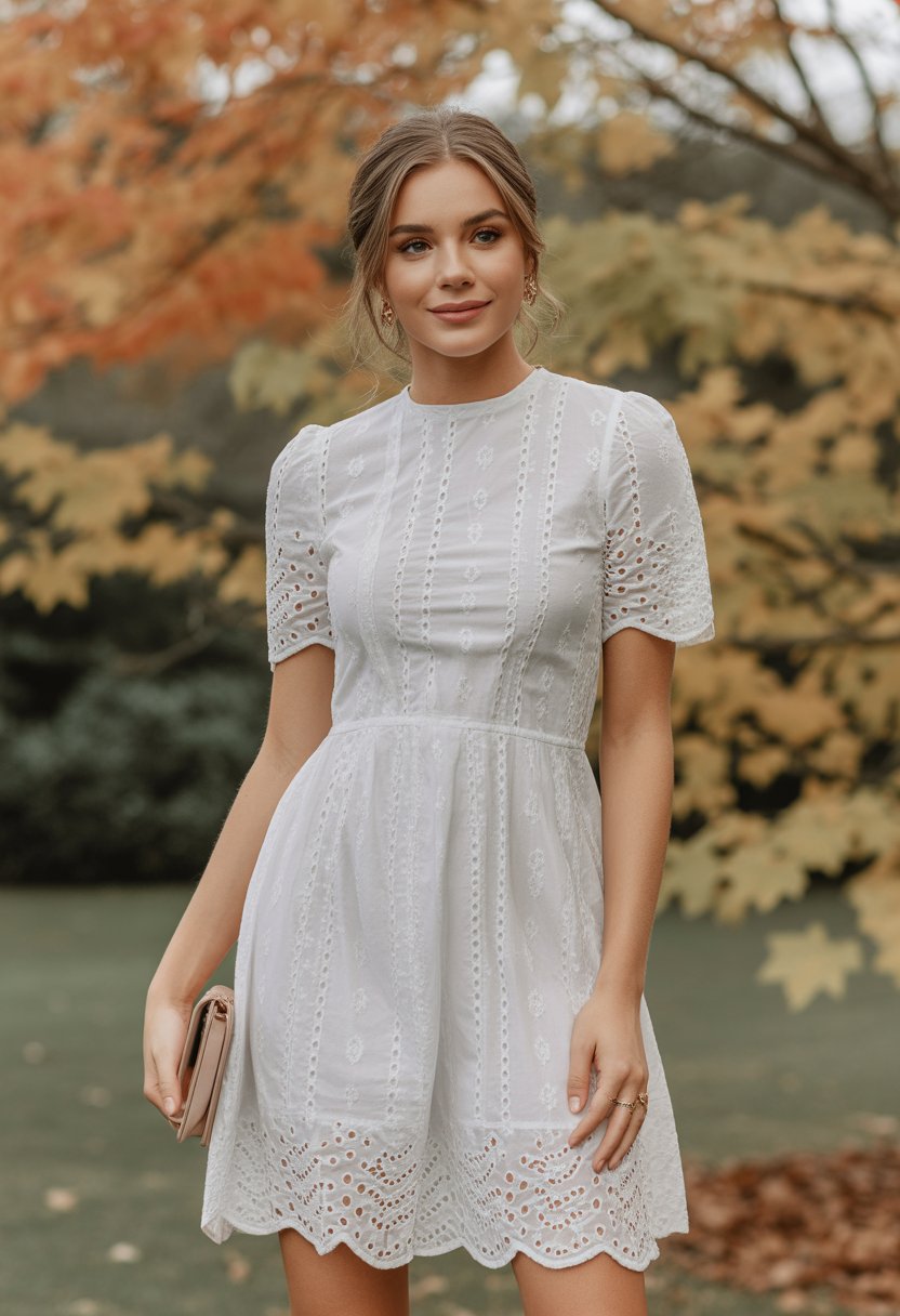 A woman outdoors wearing a white eyelet lace mini dress with autumn leaves in the background.