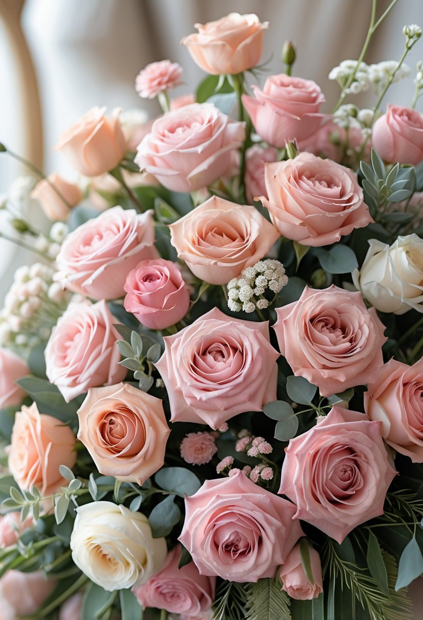 A bouquet of blush pink roses in various shades mixed with greenery and white flowers.