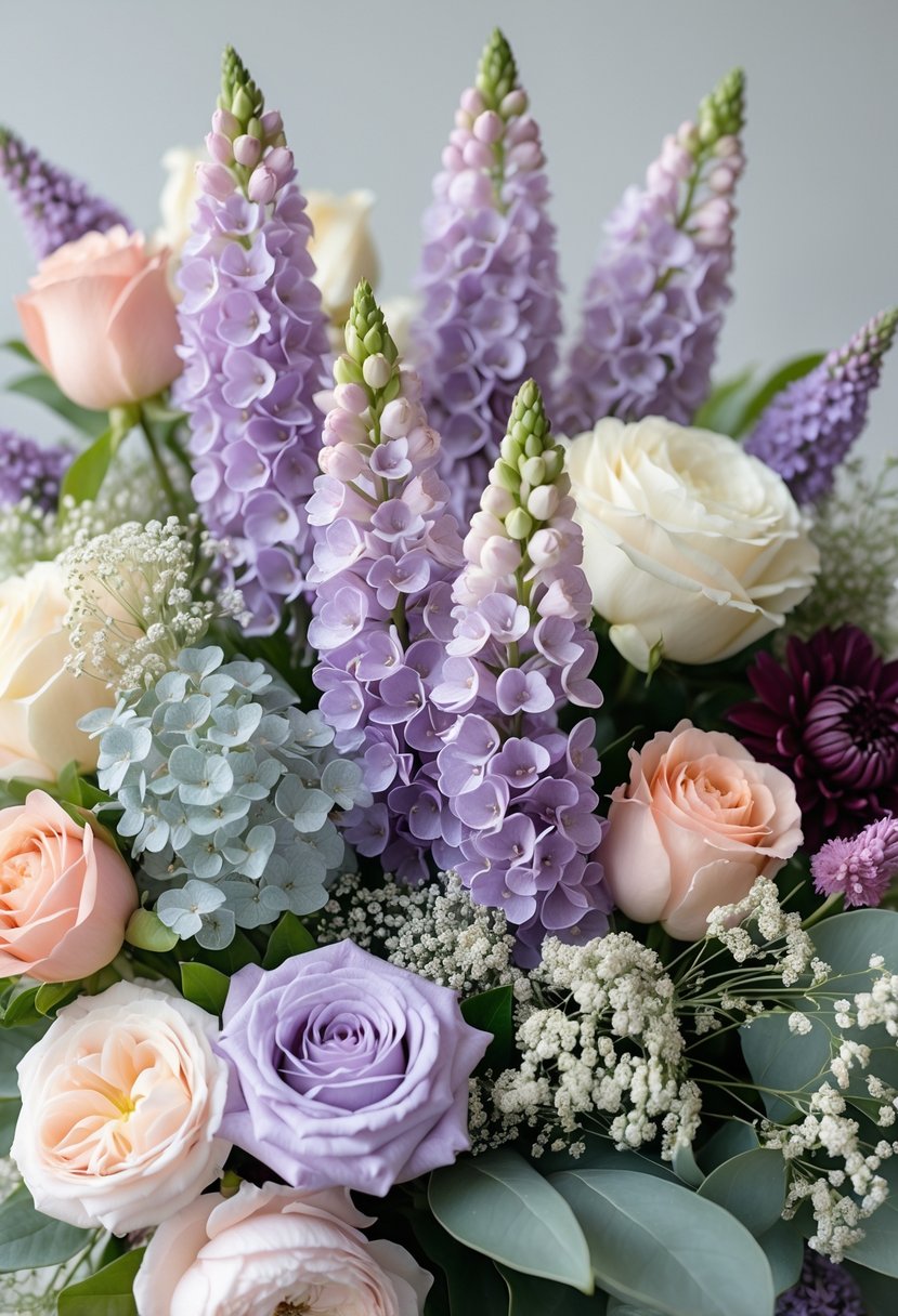 A bouquet featuring lavender lilacs surrounded by a variety of colorful wedding flowers in soft and pastel shades against a neutral background.