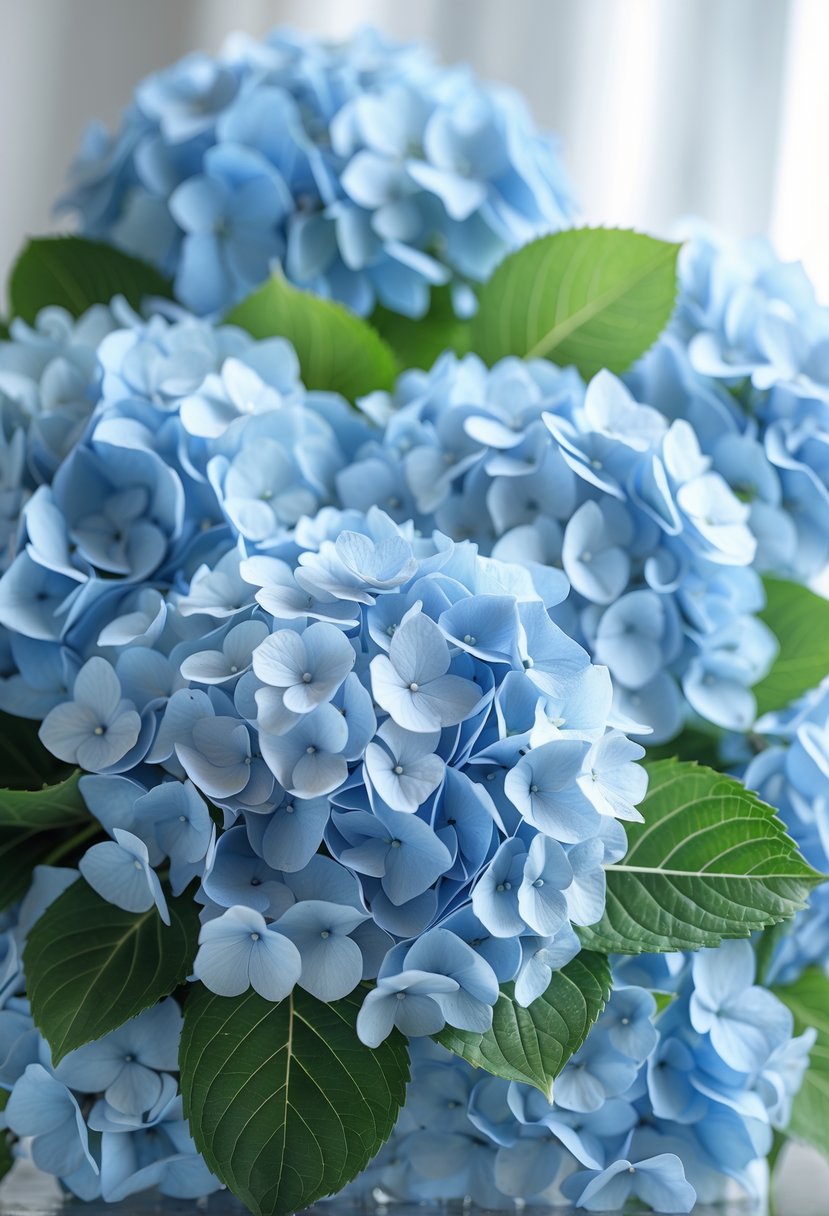 Close-up of baby blue hydrangea flowers with green leaves.