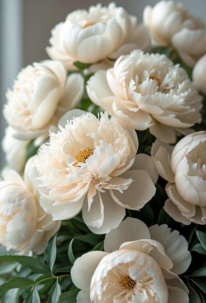 Close-up of creamy ivory peonies in full bloom with green leaves in the background.