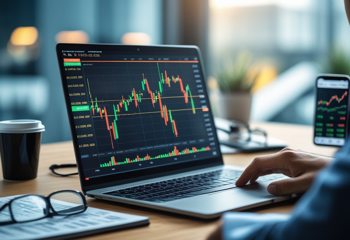 A modern workspace with a laptop showing stock market charts, a coffee cup, and eyeglasses on a desk.