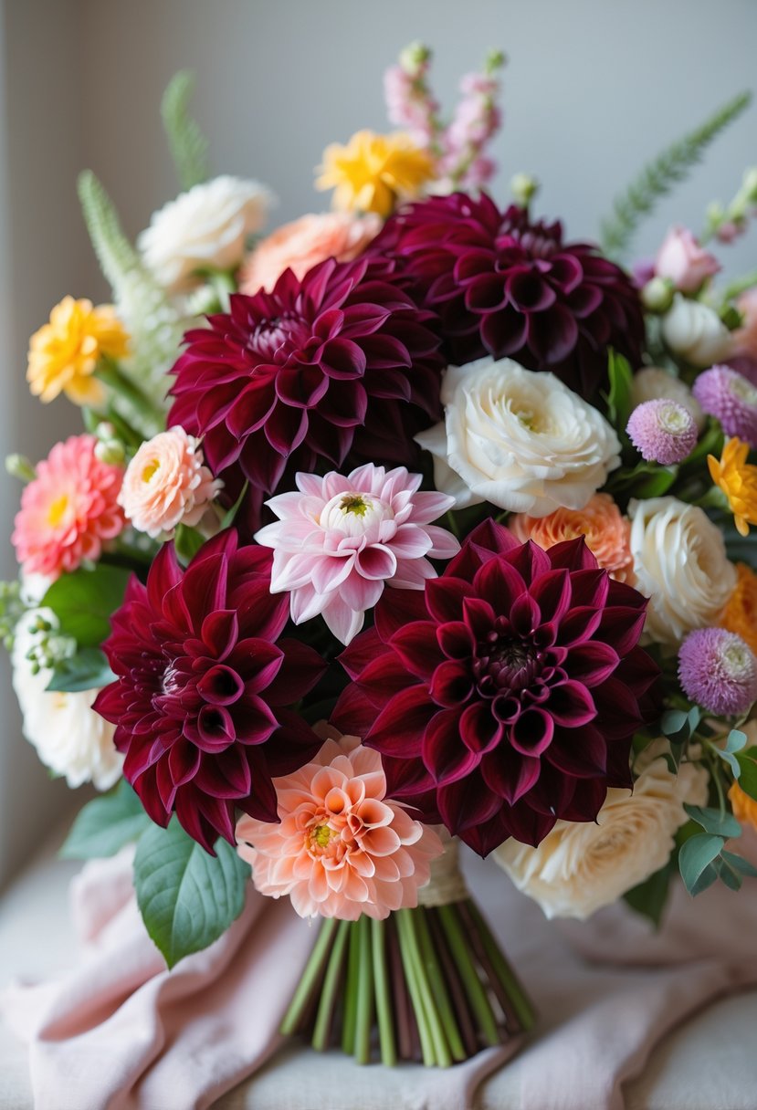 A bouquet of deep red dahlias surrounded by various colorful wedding flowers in a soft, neutral background.