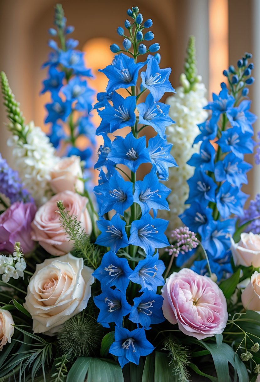 A bouquet featuring royal blue delphiniums mixed with pastel-colored wedding flowers and green leaves.