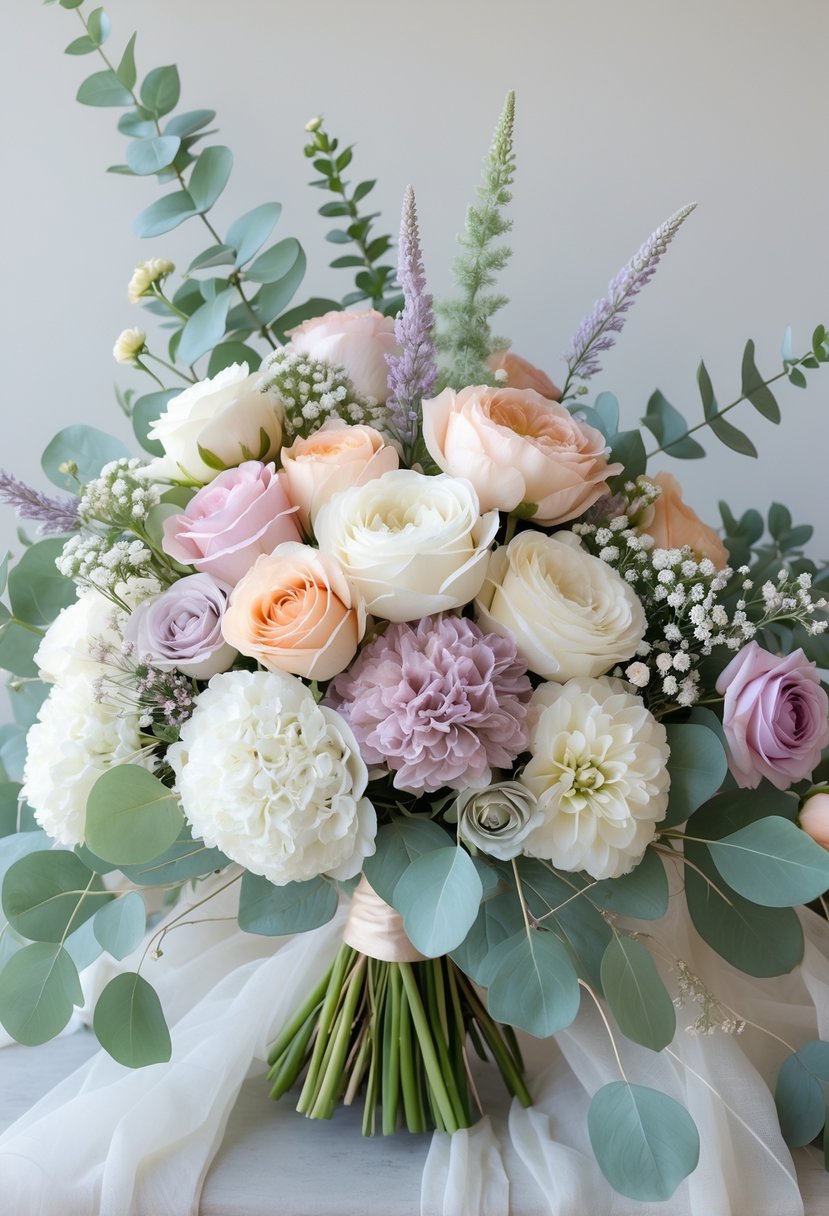 A wedding bouquet featuring soft mint eucalyptus leaves and a variety of pastel-colored flowers arranged together.