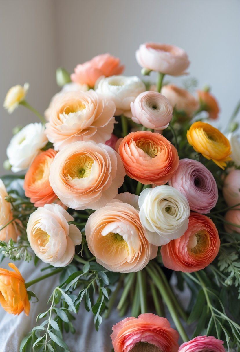 A bouquet of peach ranunculus flowers in various colors arranged with green leaves on a neutral background.