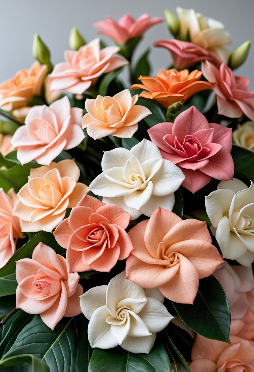 A bouquet of coral gardenias in 15 different colors arranged with green leaves against a soft neutral background.