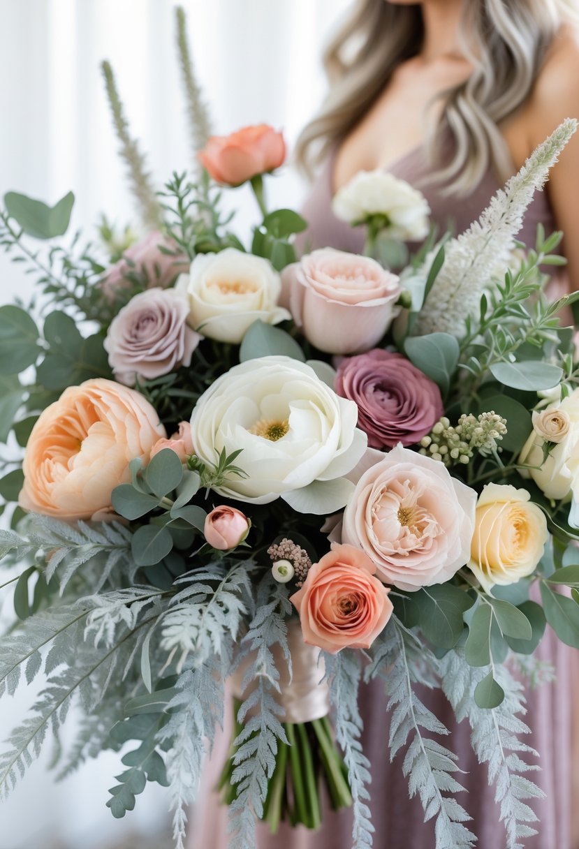 A close-up bouquet of silvery Dusty Miller leaves mixed with wedding flowers in soft pink, white, lavender, peach, yellow, blue, red, coral, and green shades.