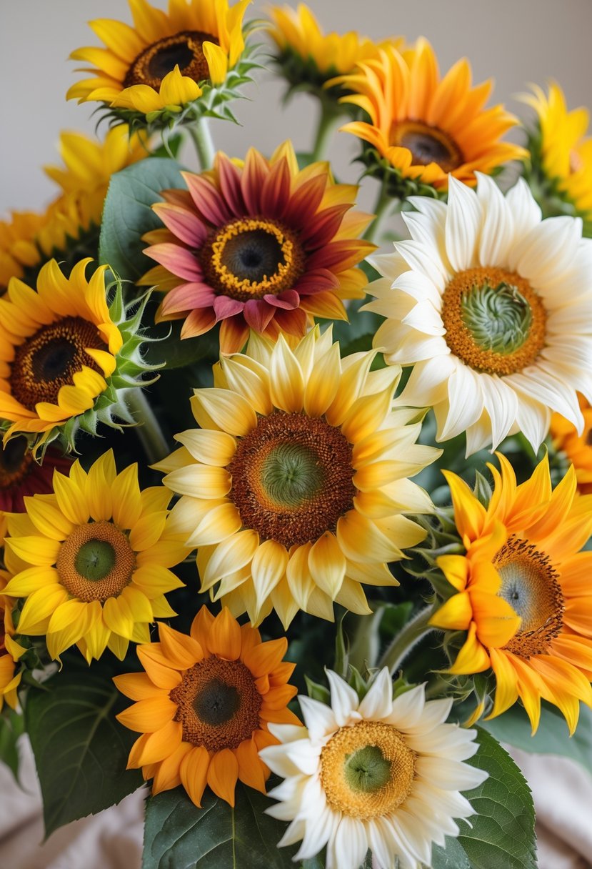 Close-up of fifteen brightly colored sunflower blooms arranged together against a soft background.