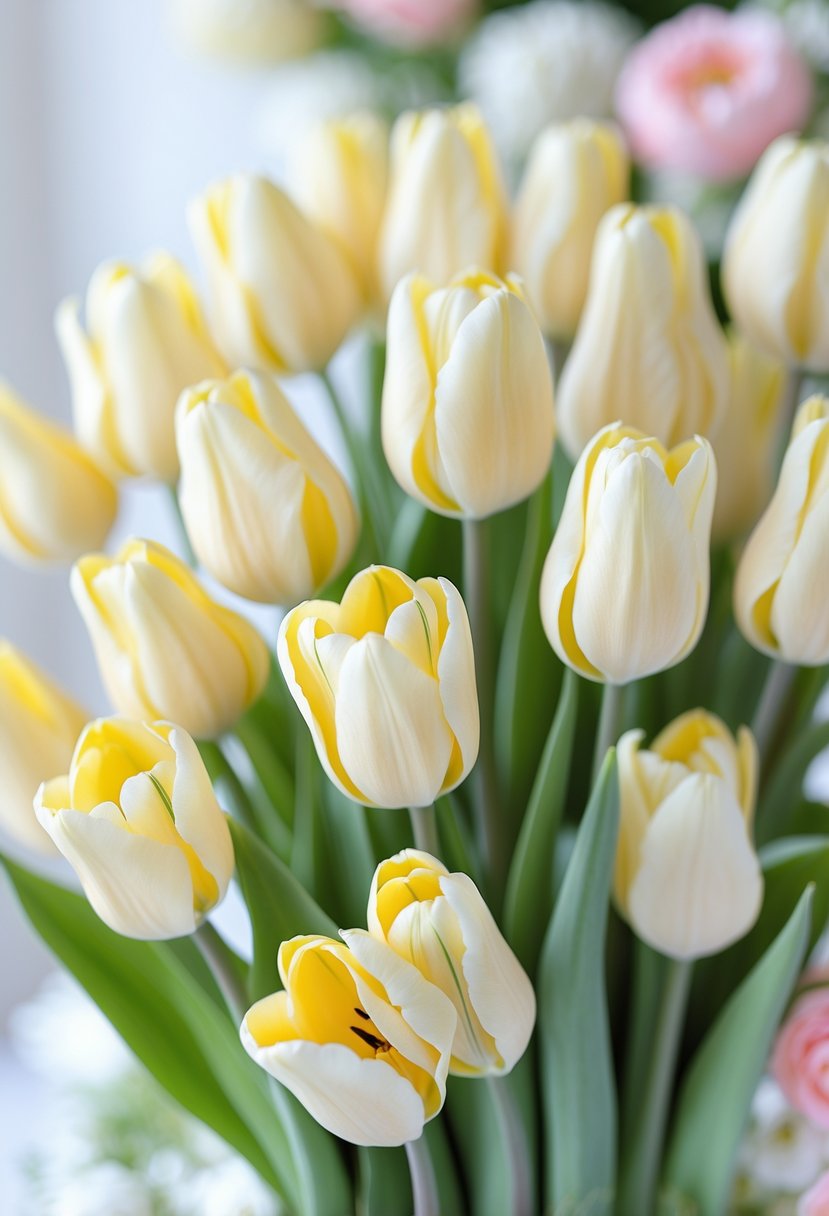 A close-up of pale yellow tulips arranged with green stems and soft blurred floral background.