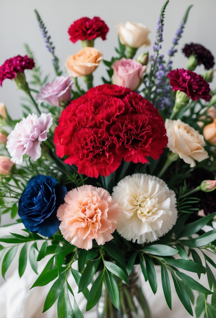 A bouquet of ruby red carnations surrounded by various colorful wedding flowers and green leaves on a neutral background.
