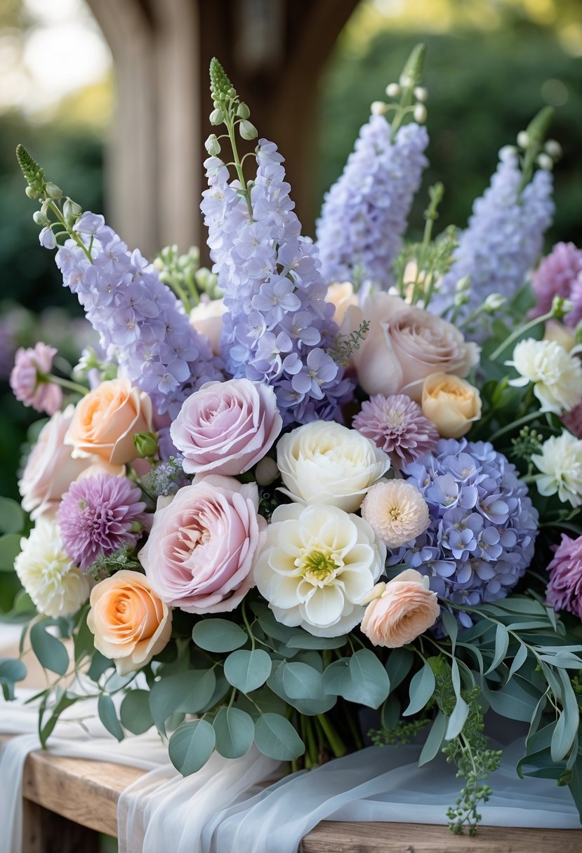 A bridal bouquet featuring lilac wisteria and a variety of soft pastel flowers arranged on a wooden table with greenery in the background.