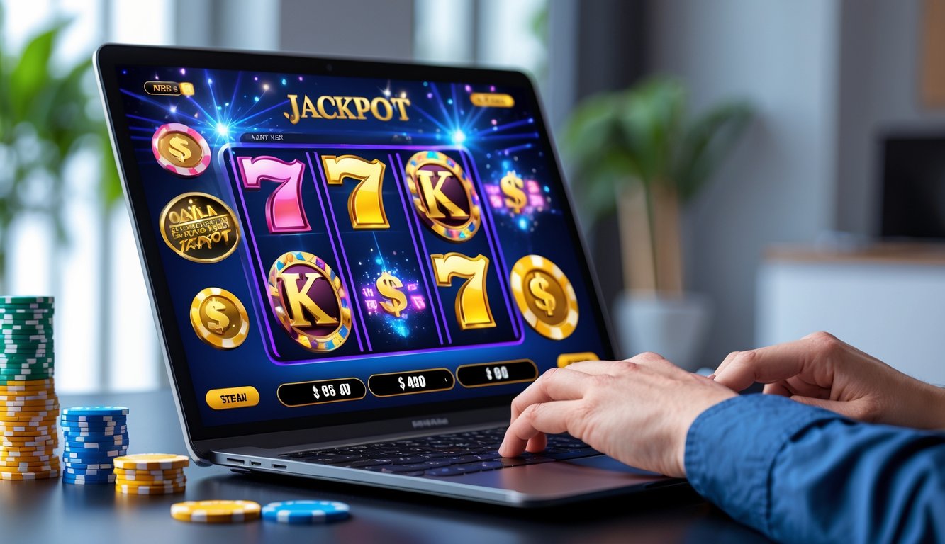 Seseorang menggunakan komputer dengan tampilan permainan slot online yang menampilkan simbol jackpot progresif di layar.
