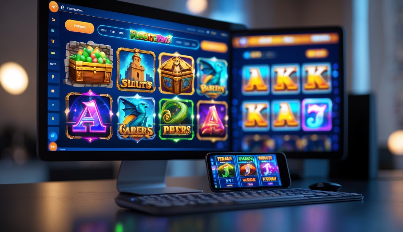 Tampilan platform slot online dengan berbagai tema permainan pada layar komputer dan ponsel di atas meja.