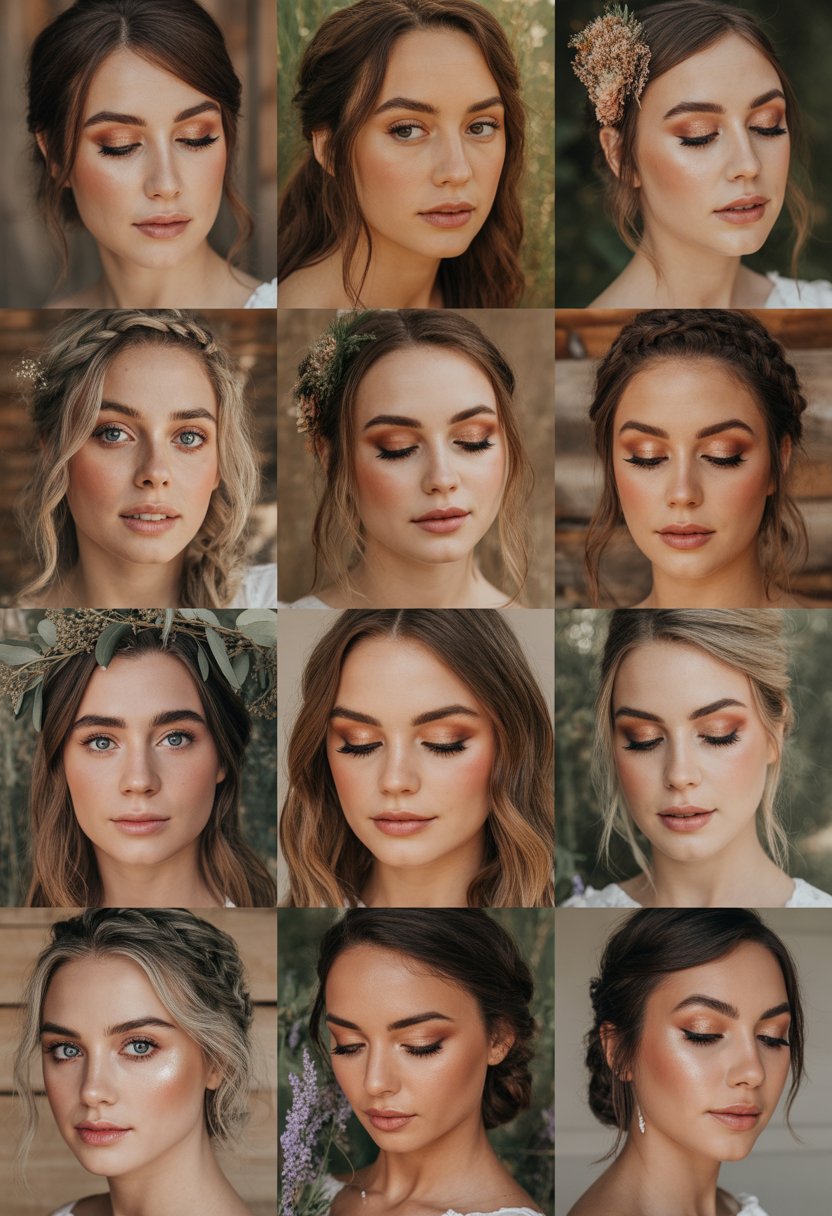 A collage of 15 different bridal makeup looks on diverse brides with natural skin tones, soft eye makeup, and floral hair accessories.