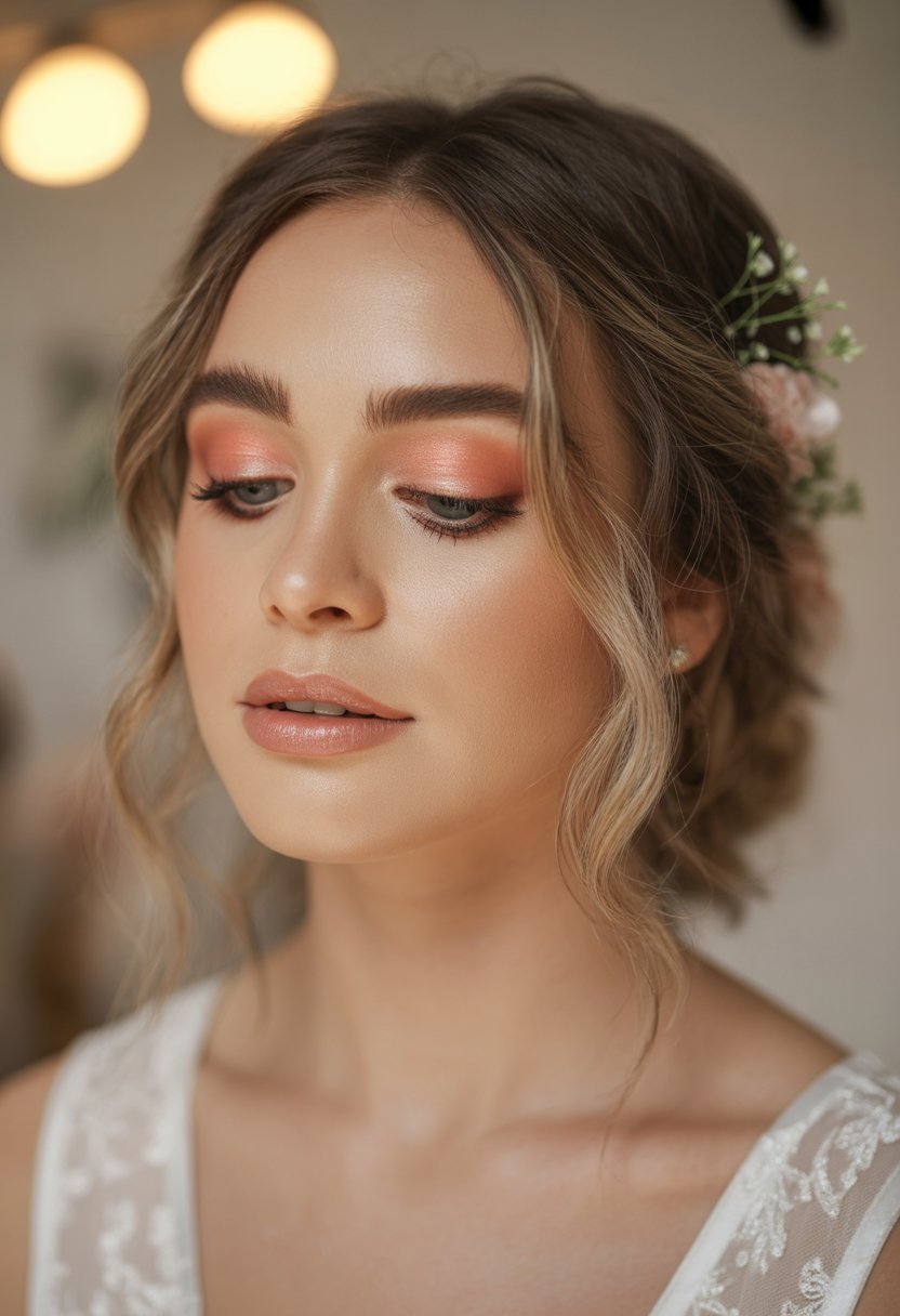 Close-up of a bride's face with soft peach eyeshadow and nude lips, wearing floral hair accessories.