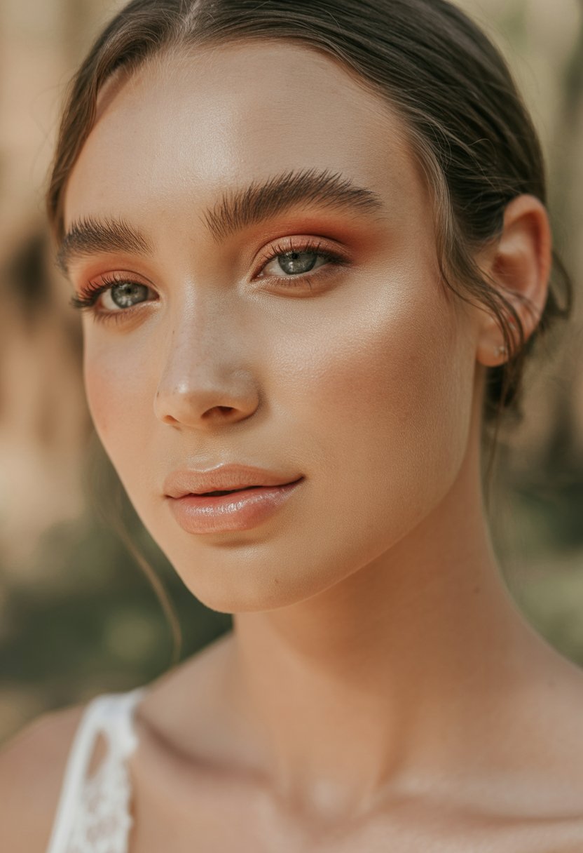 Close-up of a young woman with glowing skin and natural makeup, smiling softly against a blurred warm-toned background.