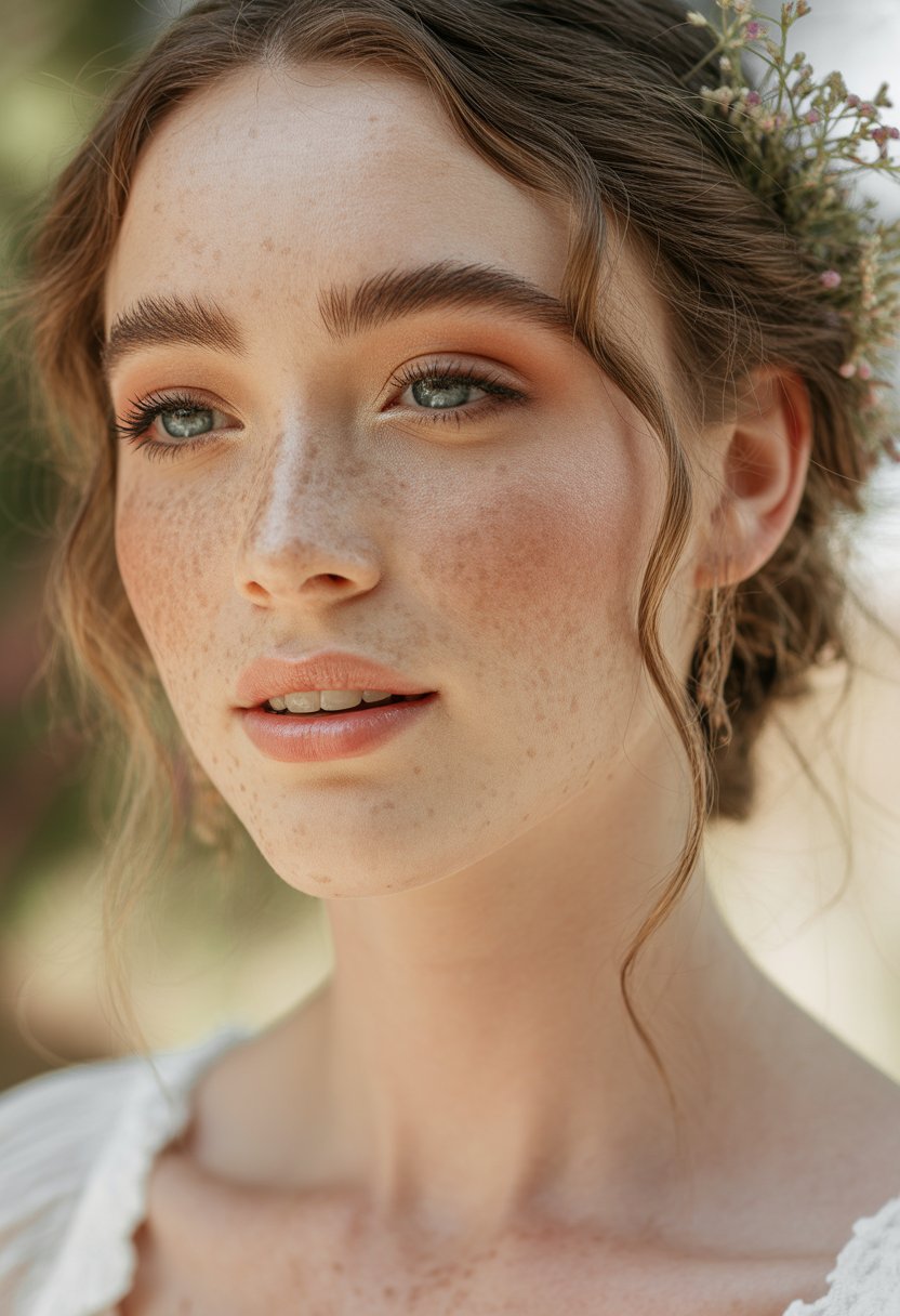 Close-up portrait of a young woman with natural freckles and light blush, wearing soft makeup and loose wavy hair decorated with small flowers.