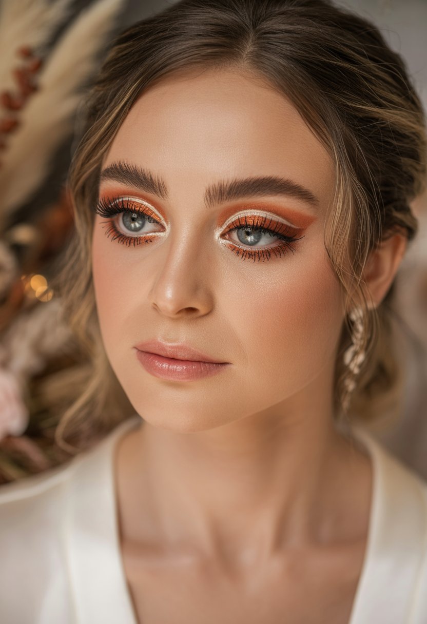 Close-up of a bride's face with warm copper eyeliner and mascara, soft natural makeup, and blurred warm-toned background.