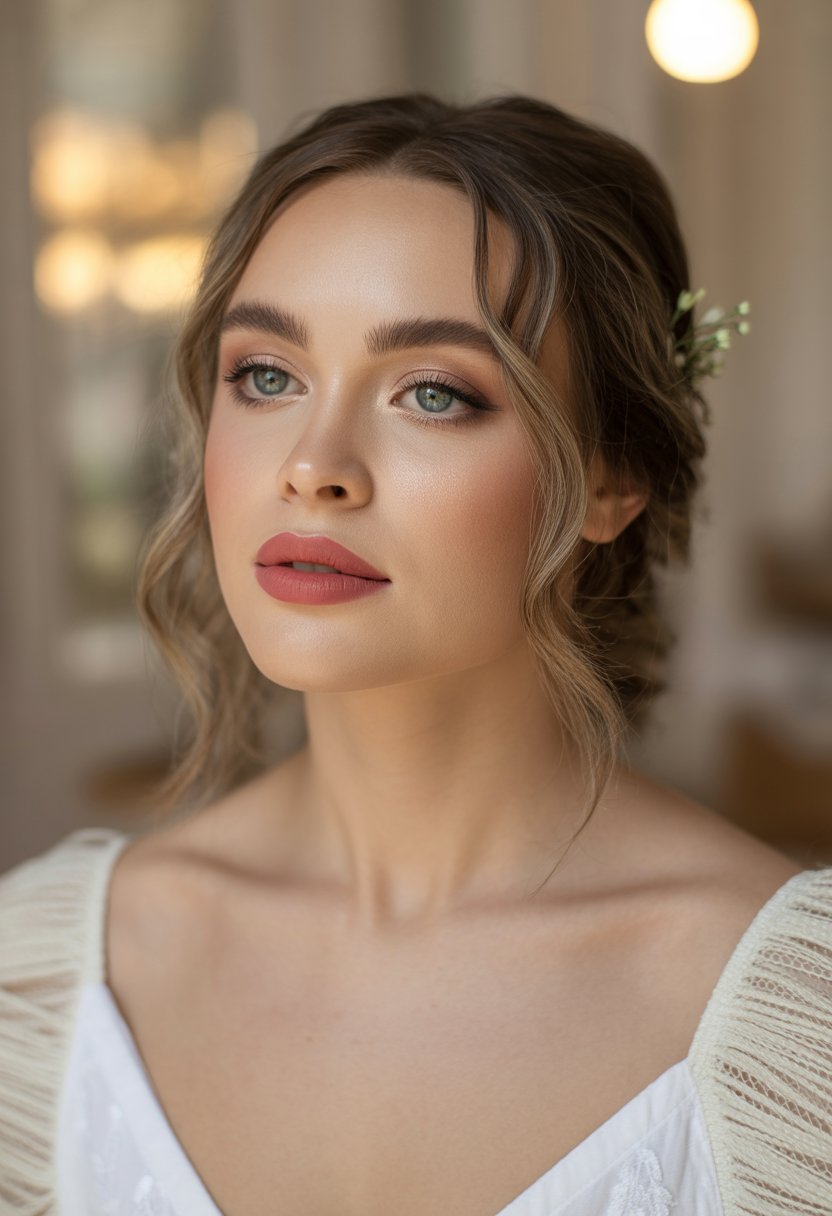 Close-up of a bride with matte rose lips and soft contour makeup, wearing loose wavy hair with floral accessories.