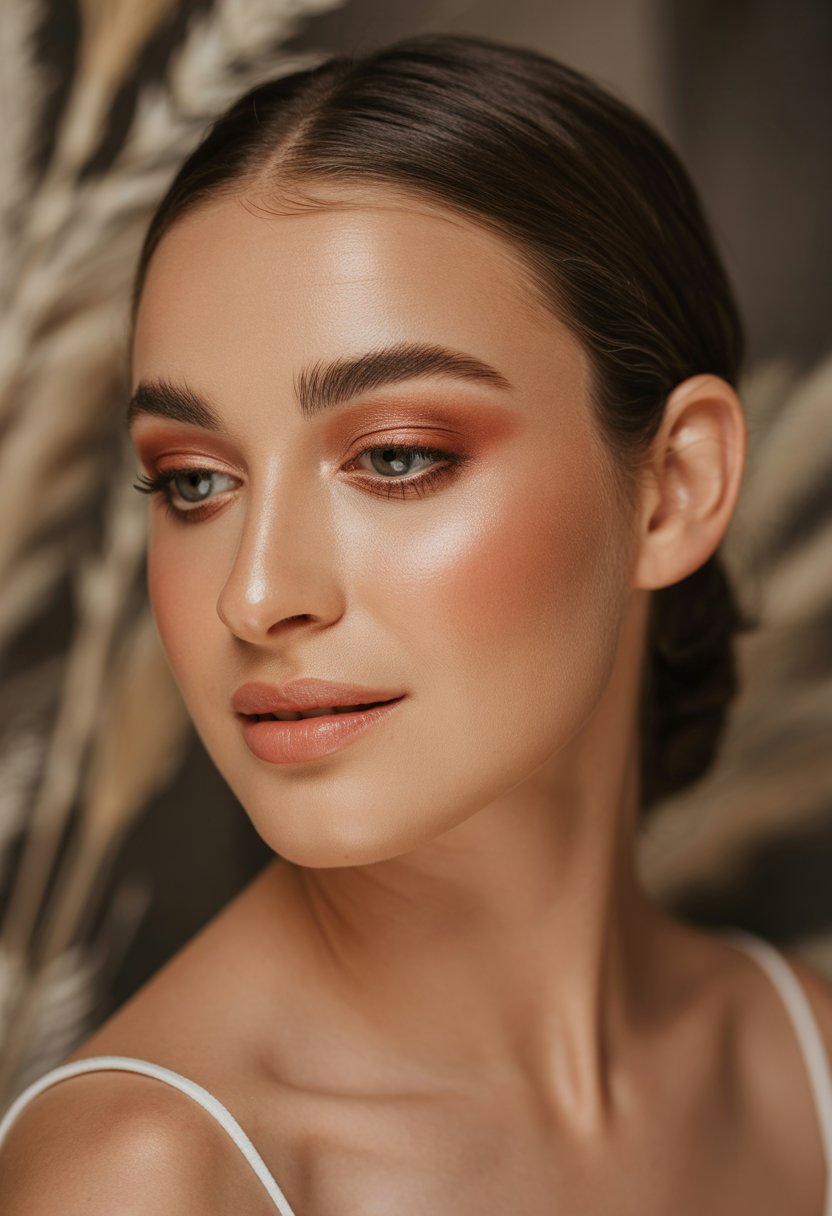 Close-up of a woman with bronzed eyelids and peach blush on her cheeks, looking serene with soft natural lighting.