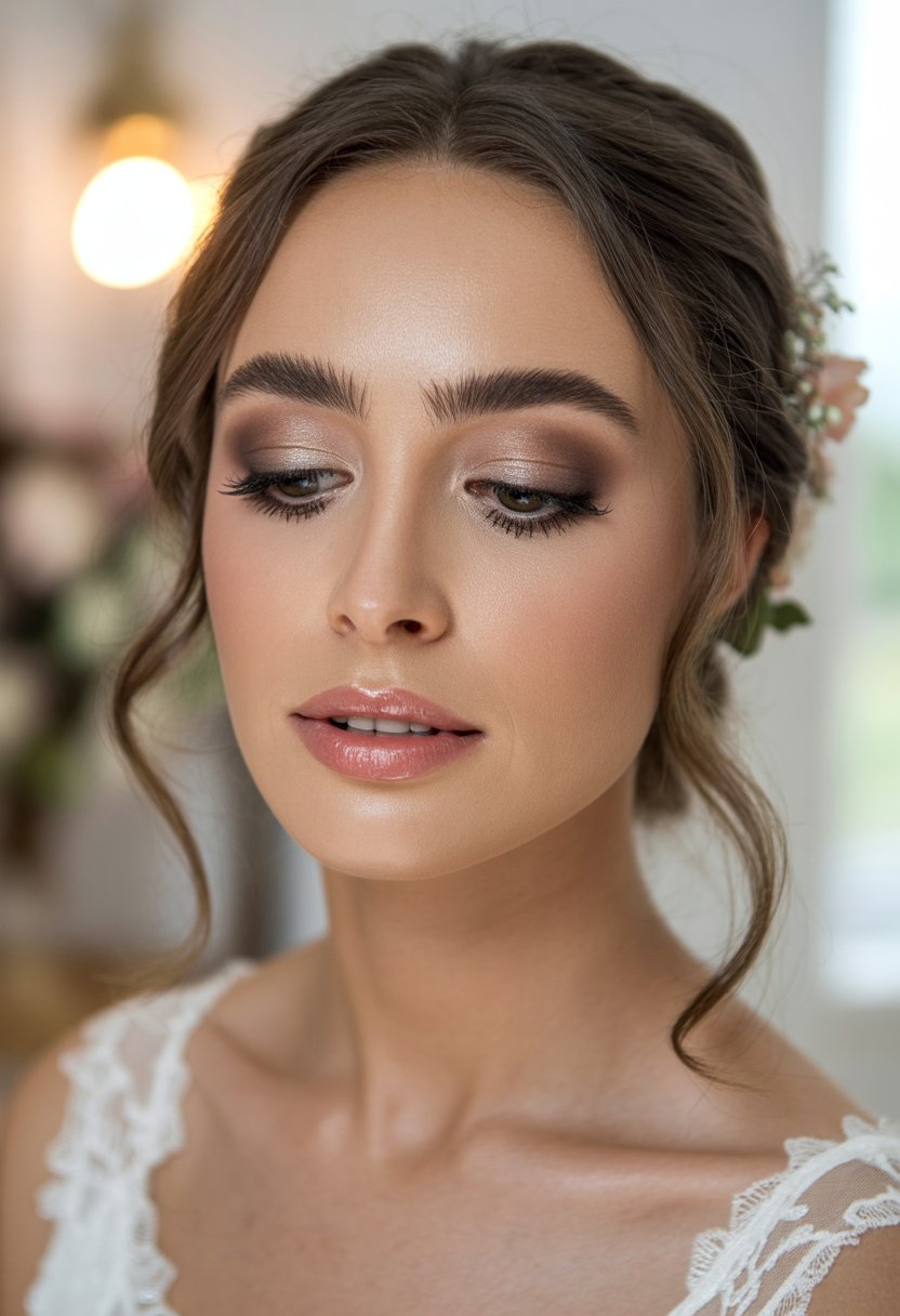 Close-up of a bride's face with smokey taupe eyeshadow and glossy lips, wearing floral hair accessories.