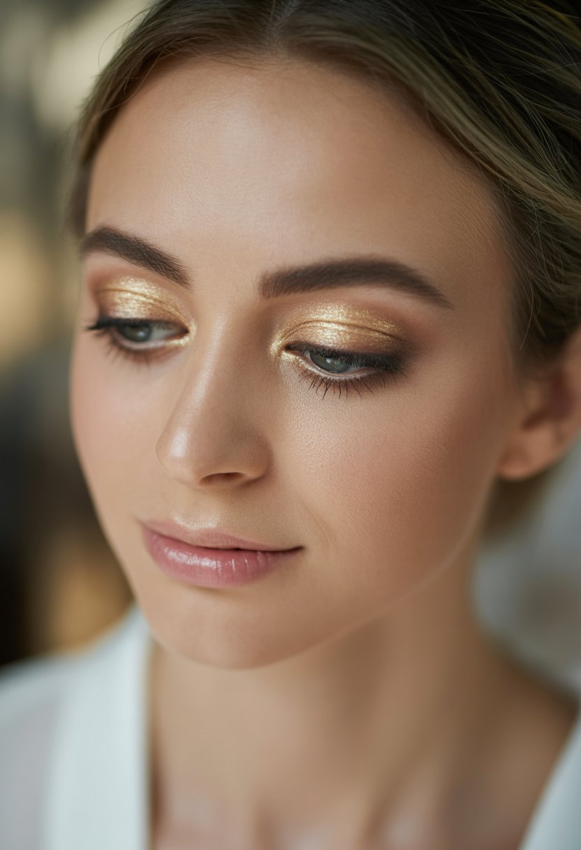 Close-up of a woman's face showing soft gold shimmer eyeshadow on her eyelids with a calm expression.