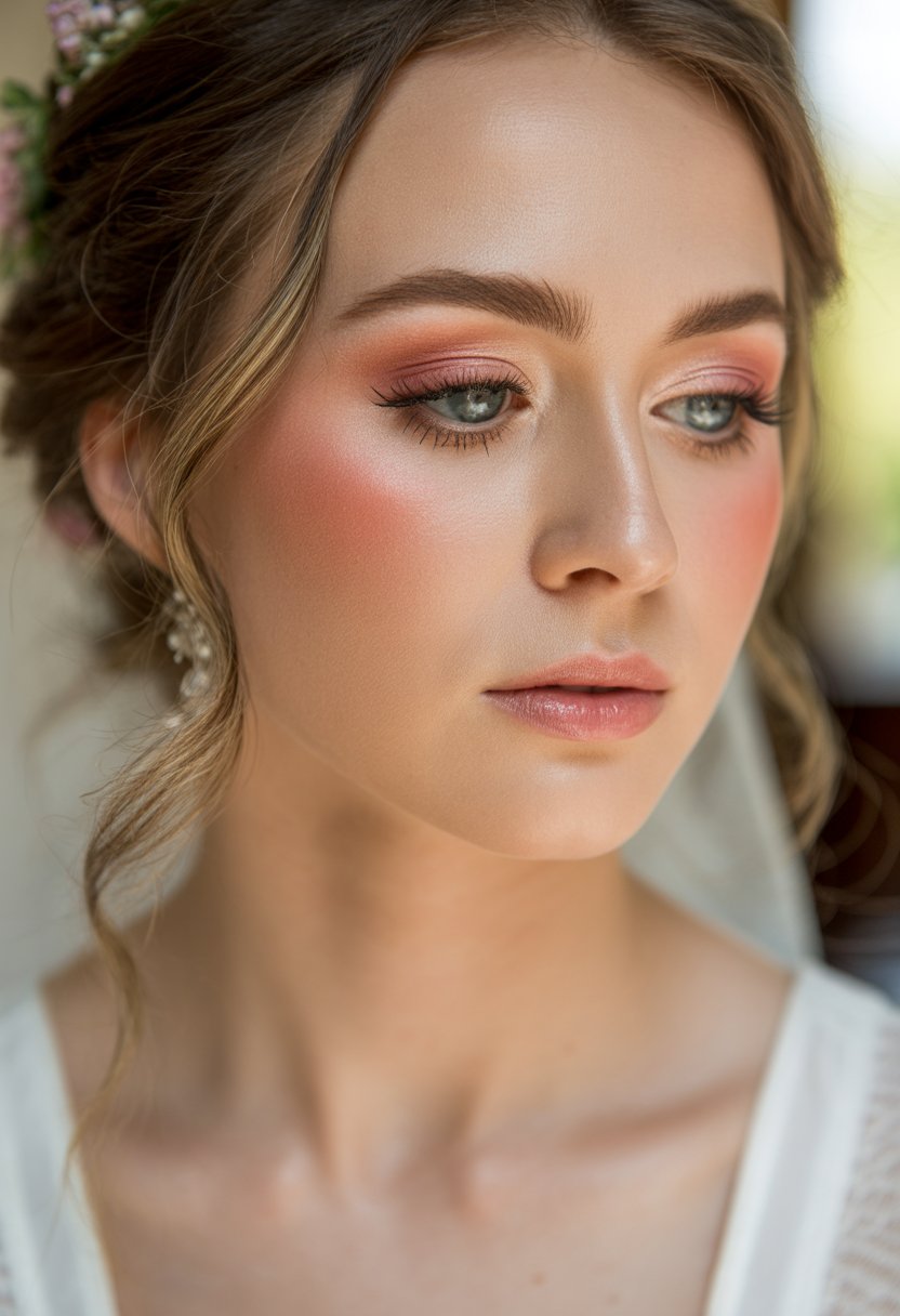 Close-up of a bride with light coral blush and nude glossy lips, wearing loose waves and floral hair accents.