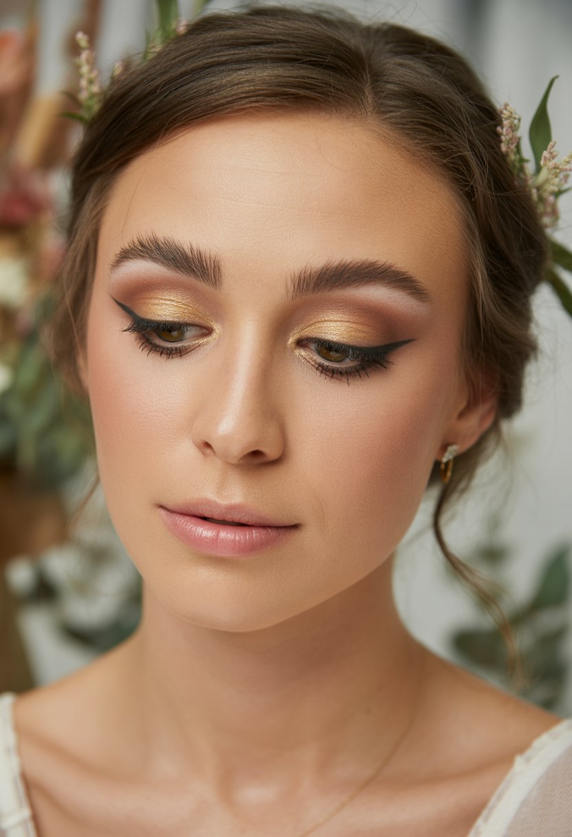 Close-up of a bride's face showing earth-toned eyeshadow and winged eyeliner with soft natural lighting.