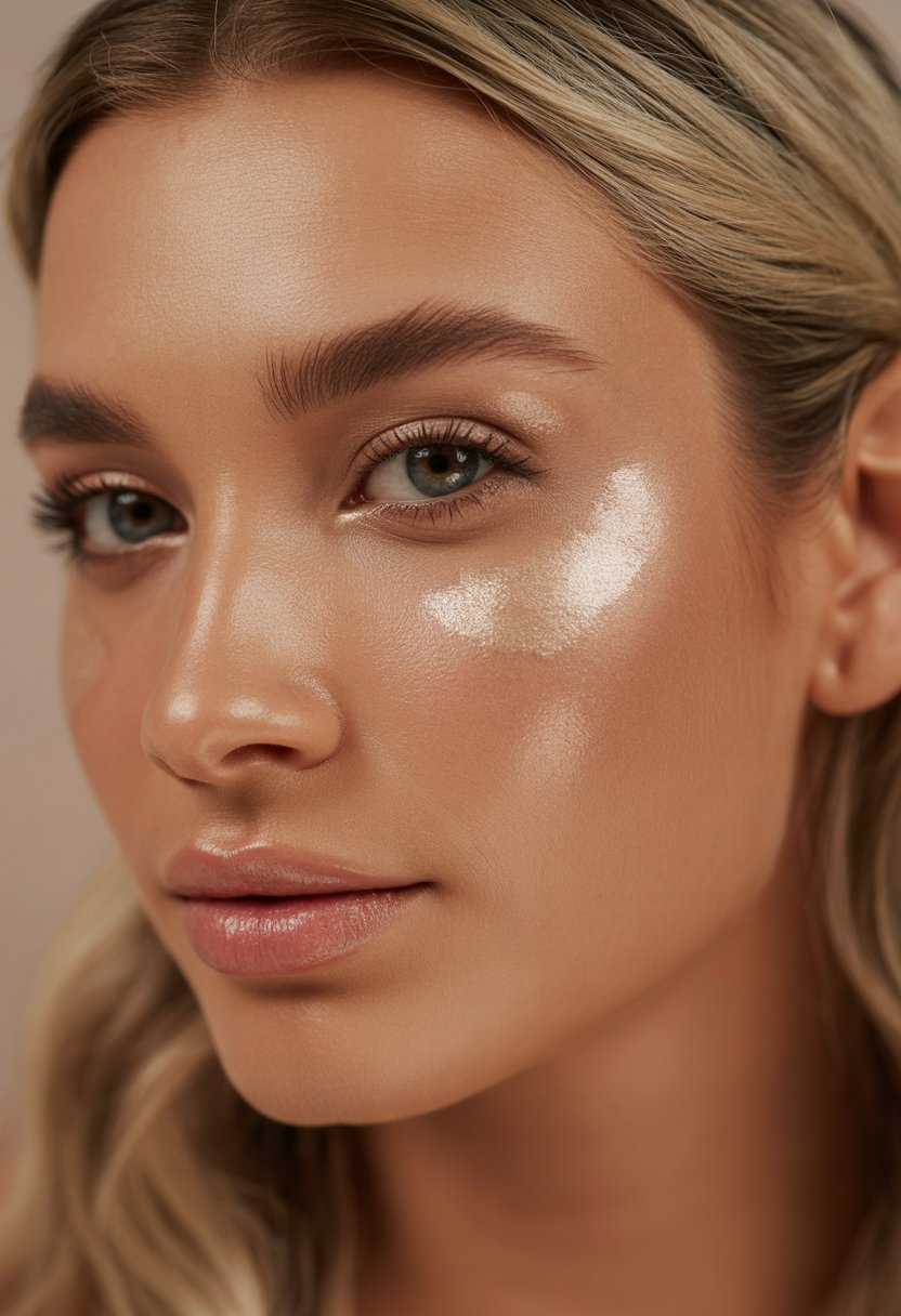 Close-up of a woman’s face with glowing skin and highlighted cheekbones and nose.