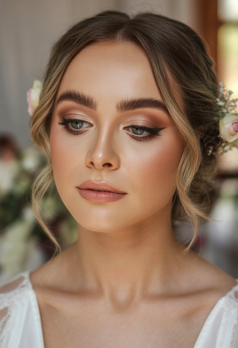 Close-up of a bride with sandy beige eyeshadow and brown eyeliner, wearing floral hair accessories.