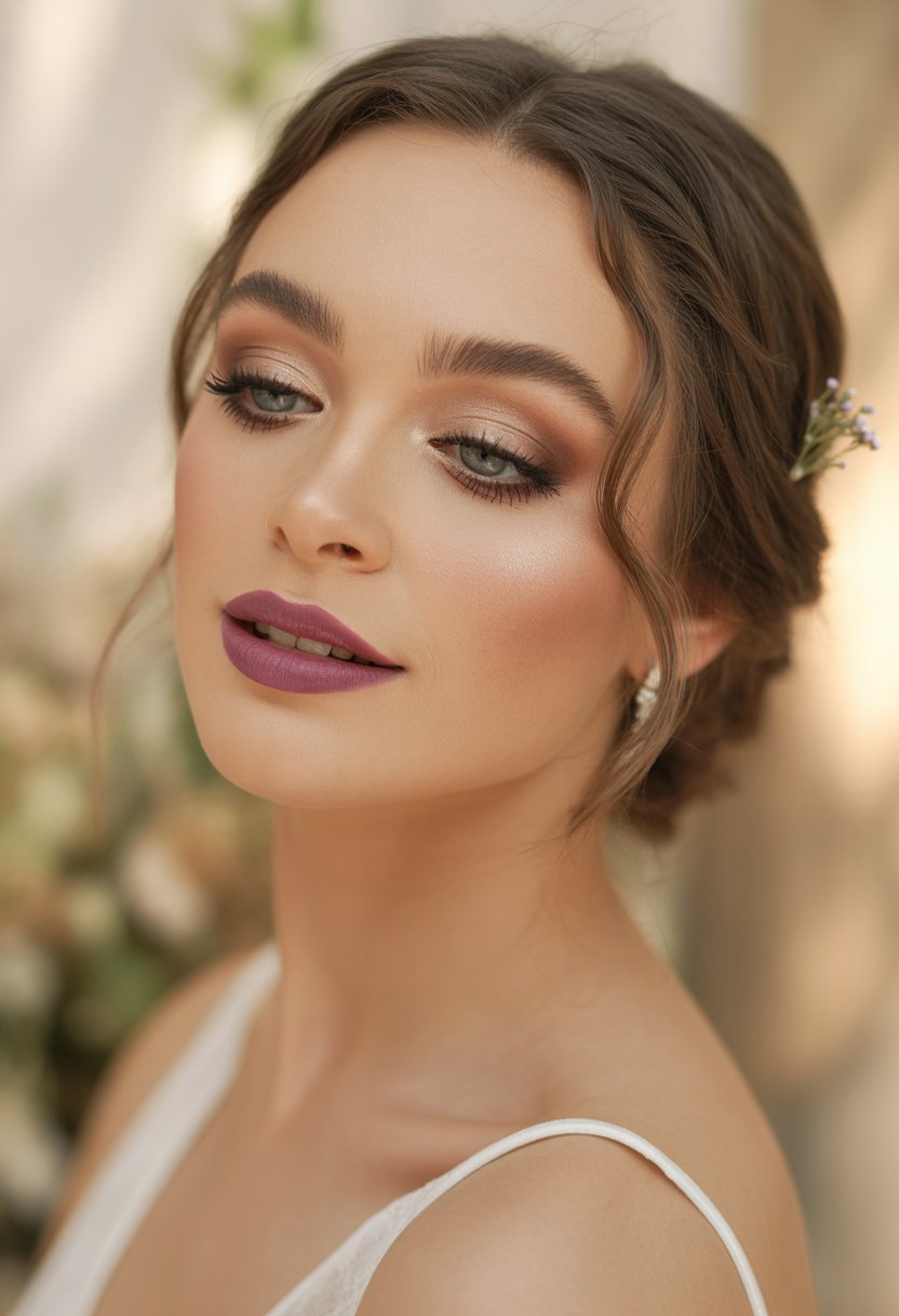 Close-up portrait of a woman with soft plum lipstick and neutral eye makeup, wearing delicate floral hair accessories.