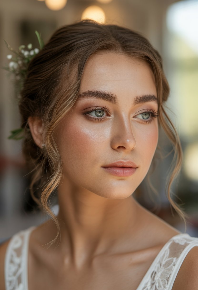 A young woman with minimal makeup and loose wavy hair adorned with small flowers, looking serene and radiant.