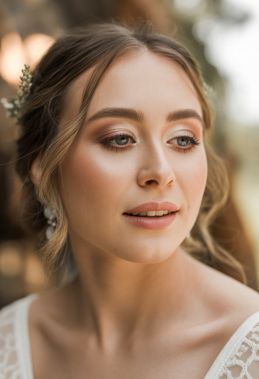 Close-up of a bride with light bronze eyeshadow and creamy lips, smiling softly with floral hair accessories.