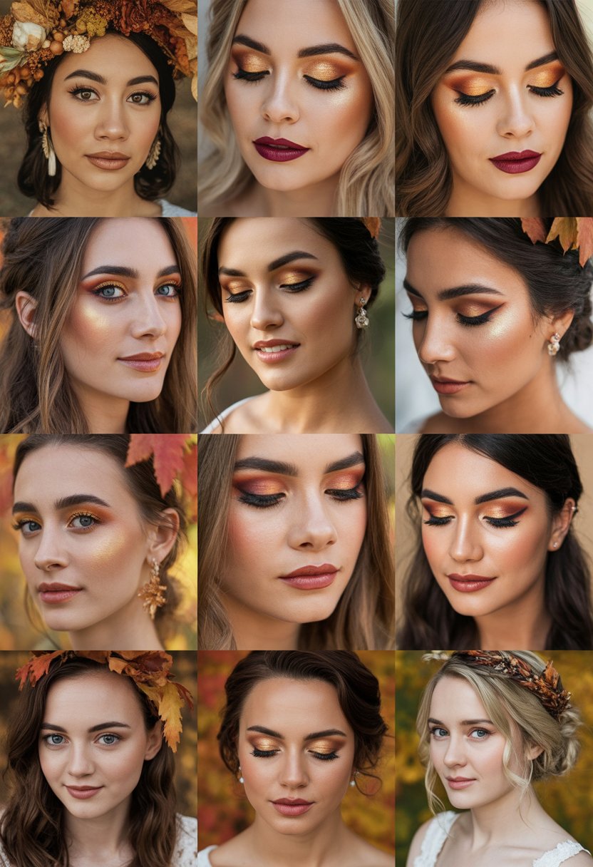 A collage of 14 close-up portraits of brides showing different fall wedding makeup looks with warm tones and autumn-inspired accessories.