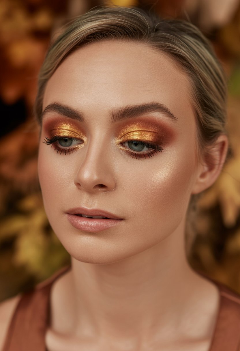 Close-up of a woman with bronze and gold shimmery eyeshadow, warm autumn colors in the background.