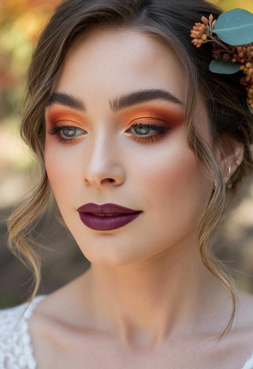 Close-up of a woman with deep plum lipstick and warm fall-inspired makeup, featuring autumnal floral accents in her hair.
