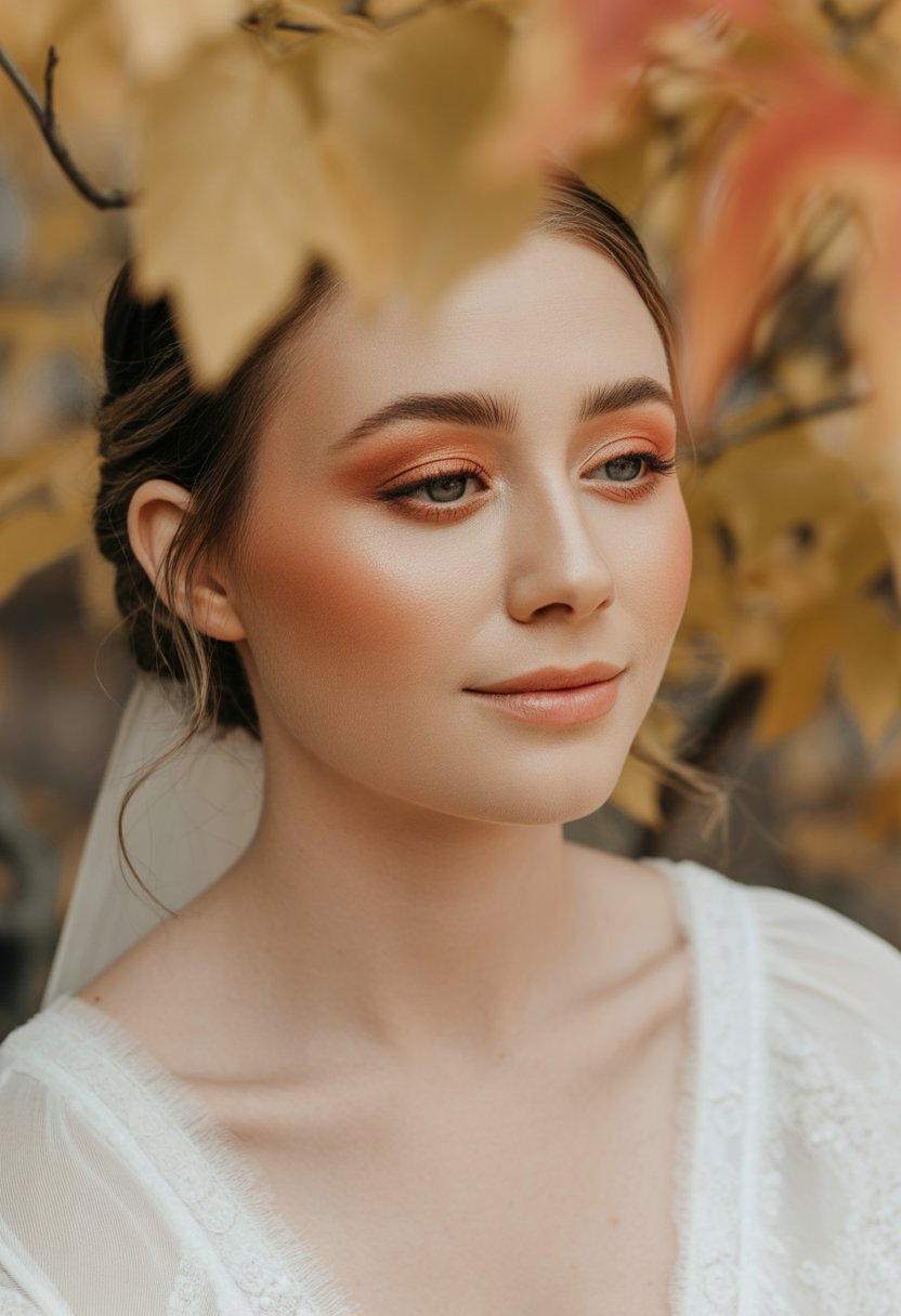 Close-up of a bride with soft peach blush and natural makeup, surrounded by fall leaves.