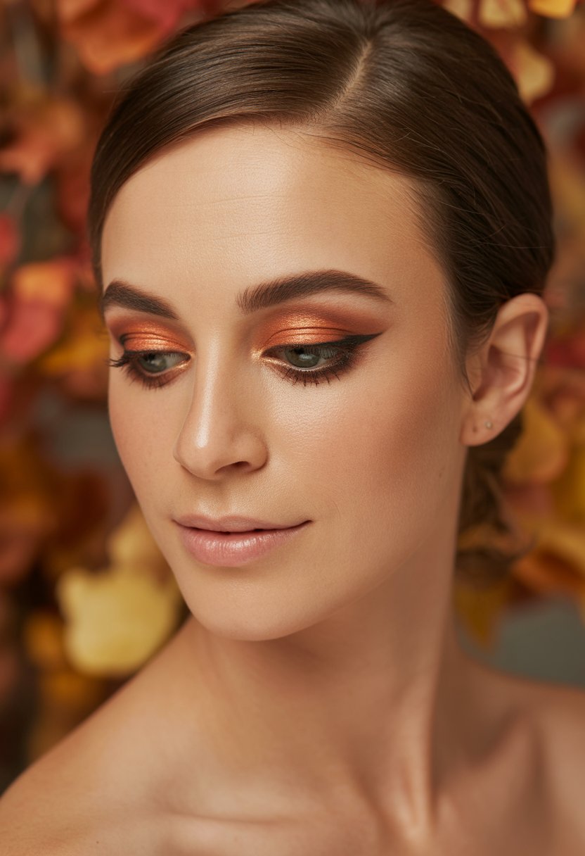 Close-up of a woman with smoky copper eyeliner enhancing her eyes, set against a softly blurred autumn background.