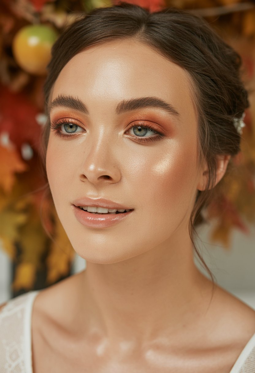 Close-up of a bride with glowing, radiant skin and warm fall makeup, surrounded by soft autumn colors.
