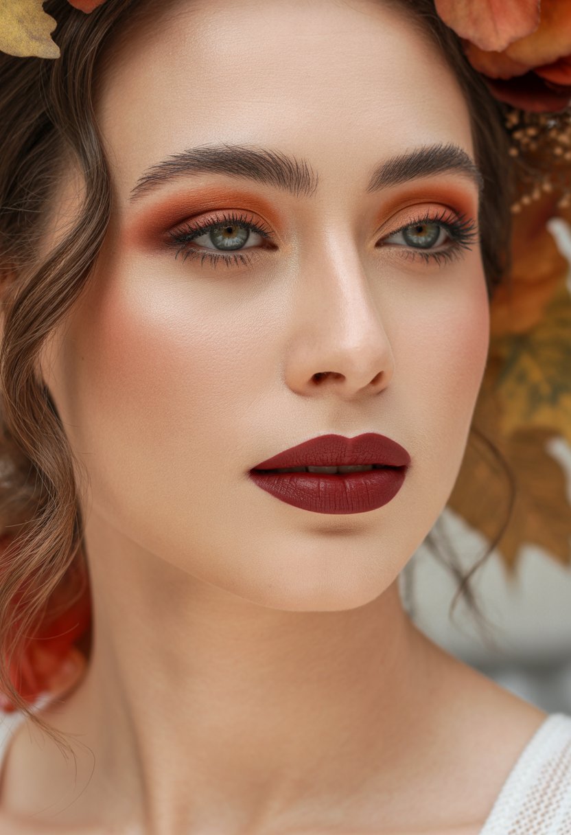 Close-up of a woman wearing matte burgundy lipstick with warm fall makeup and softly styled hair.