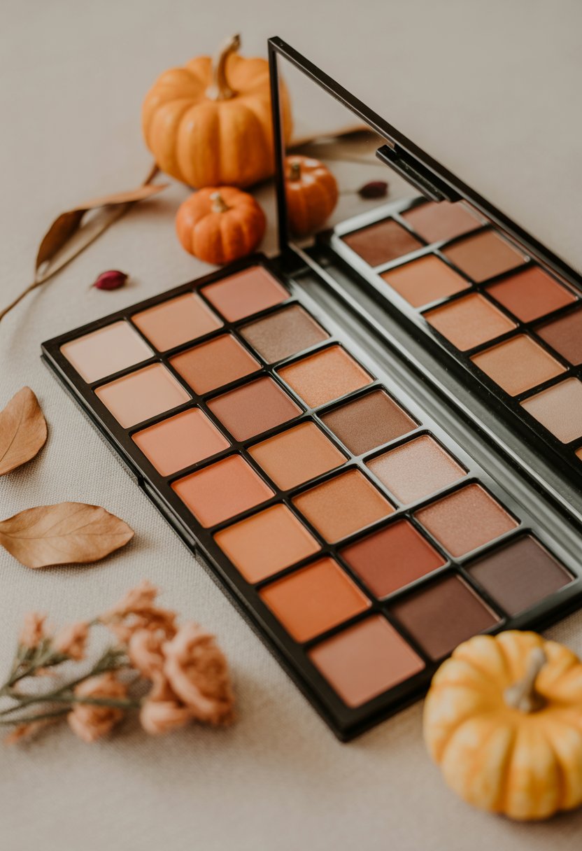An earth-toned eyeshadow palette with terracotta shades surrounded by autumn leaves and small pumpkins on a neutral background.