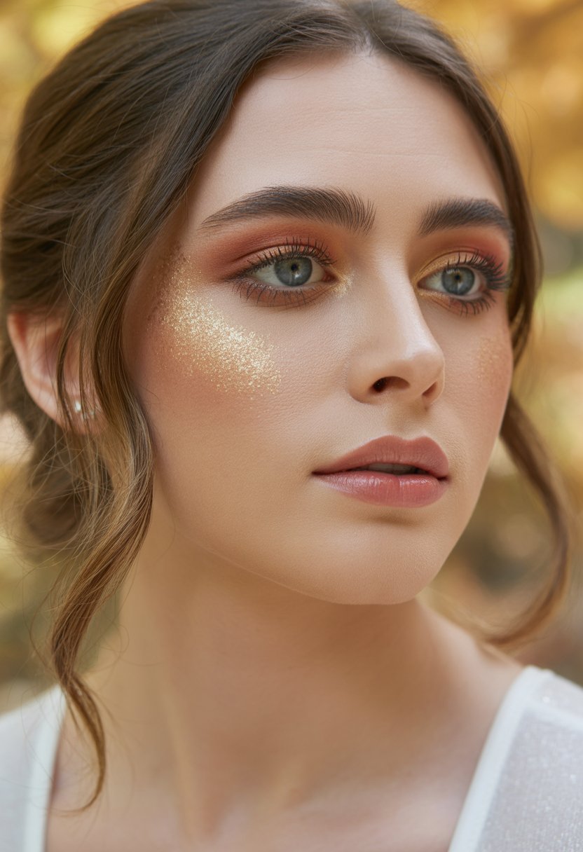 Close-up of a woman with glowing skin and gold highlighter on her cheekbones, wearing warm fall-toned makeup.