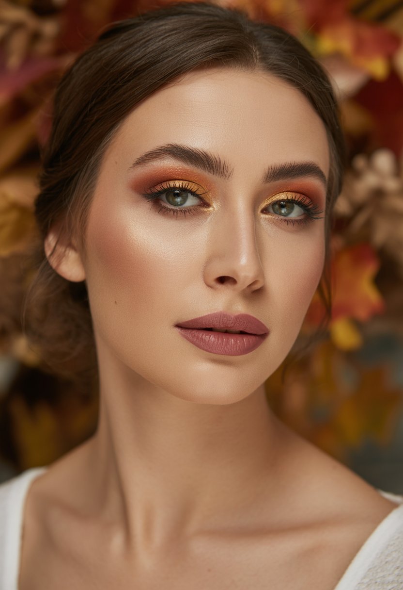 Close-up of a woman with neutral mauve lipstick and warm eye makeup in an autumn setting.