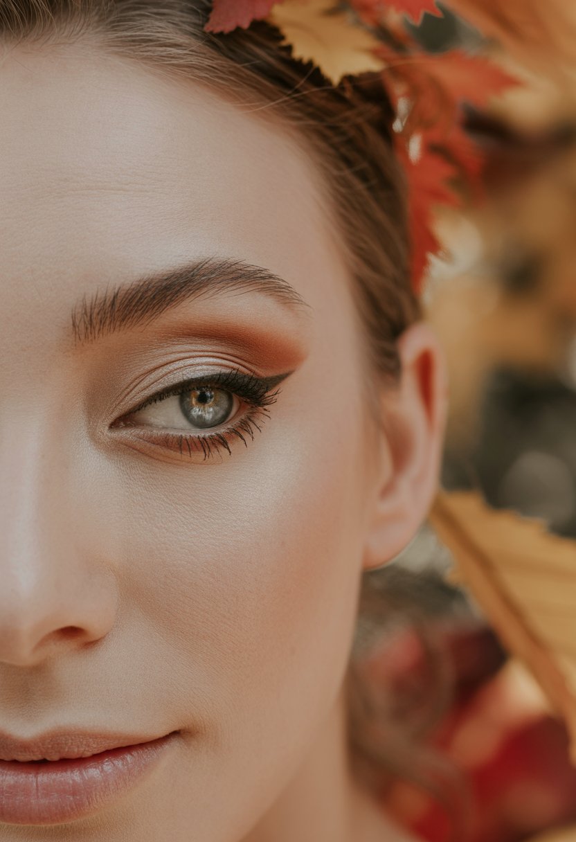 Close-up of a woman's eye with warm brown eyeliner and subtle fall-inspired makeup.
