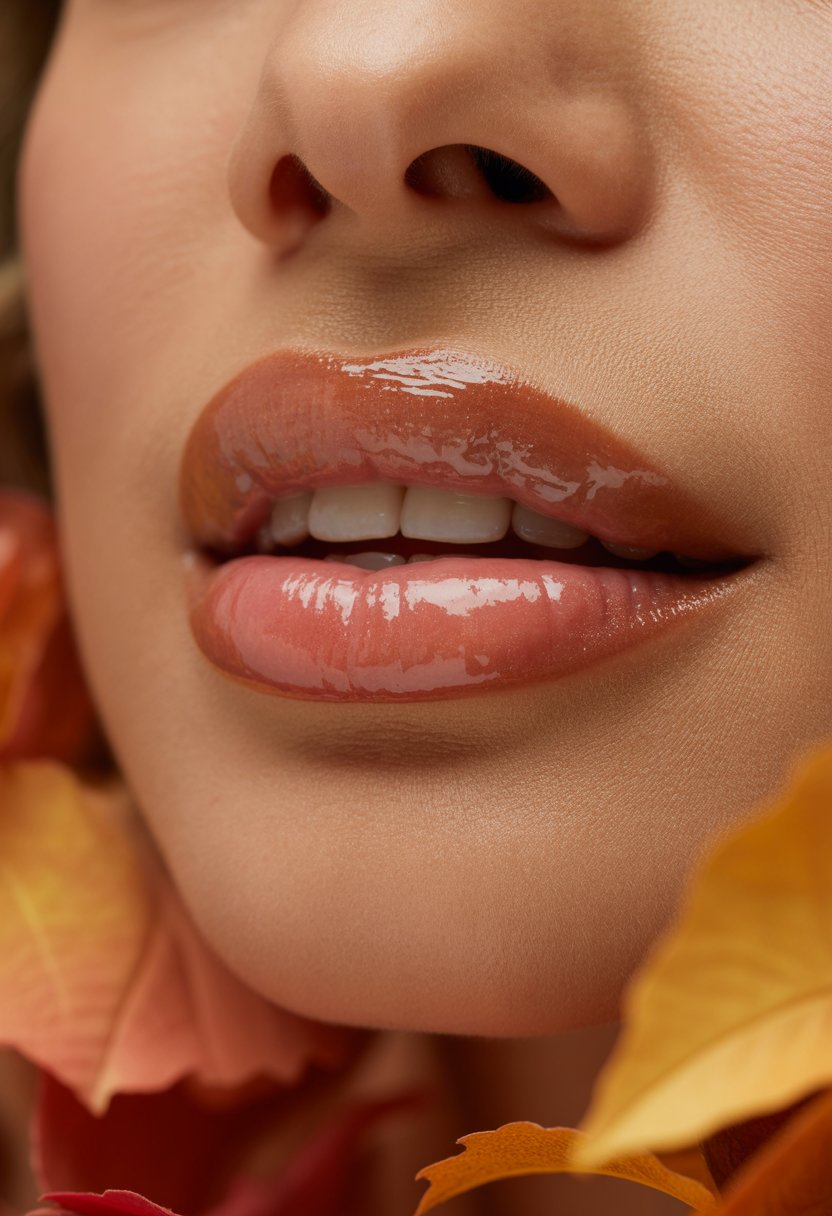 Close-up of a woman's lips wearing glossy caramel lip gloss with warm fall colors in the background.