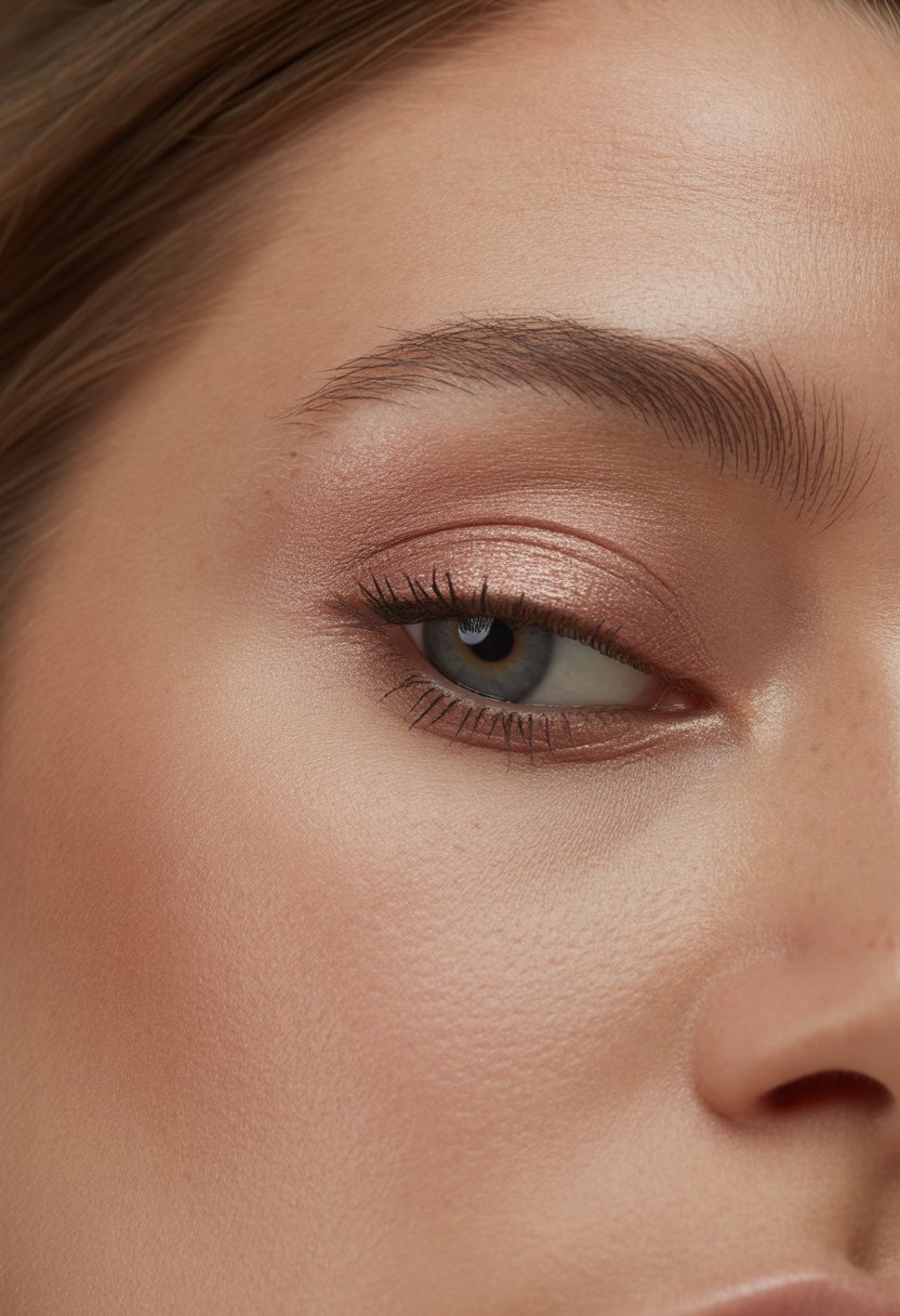Close-up of a woman's eye with soft rose gold eyeshadow and smooth blended edges.