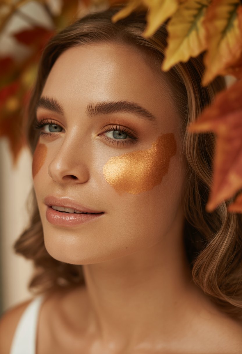 Close-up of a woman with warm bronzer and autumn makeup, surrounded by fall-colored leaves.