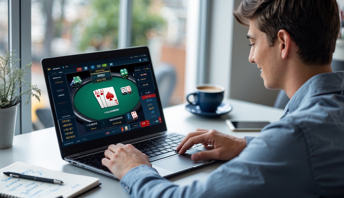 Seorang pemula sedang bermain poker online di laptop di meja yang rapi dengan secangkir kopi dan catatan.