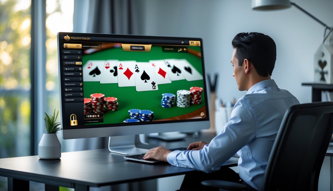 Seseorang sedang bermain poker online di depan komputer di ruang kerja yang rapi dan terang.